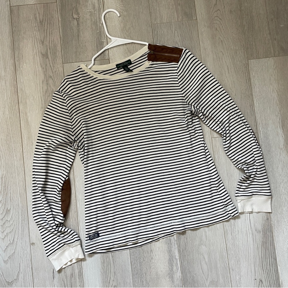 LRL Lauren Jeans Co. Tshirt striped patch womens Cream (large) edgy contemporary